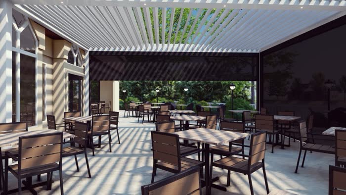 Restaurant patio rendering — motorized roof closed