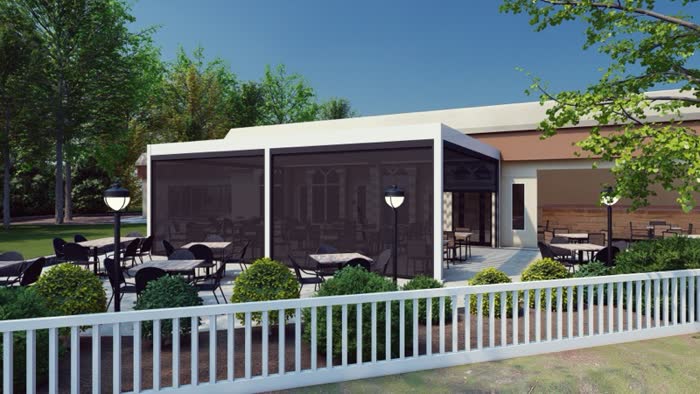 Restaurant patio rendering — motorized roof open