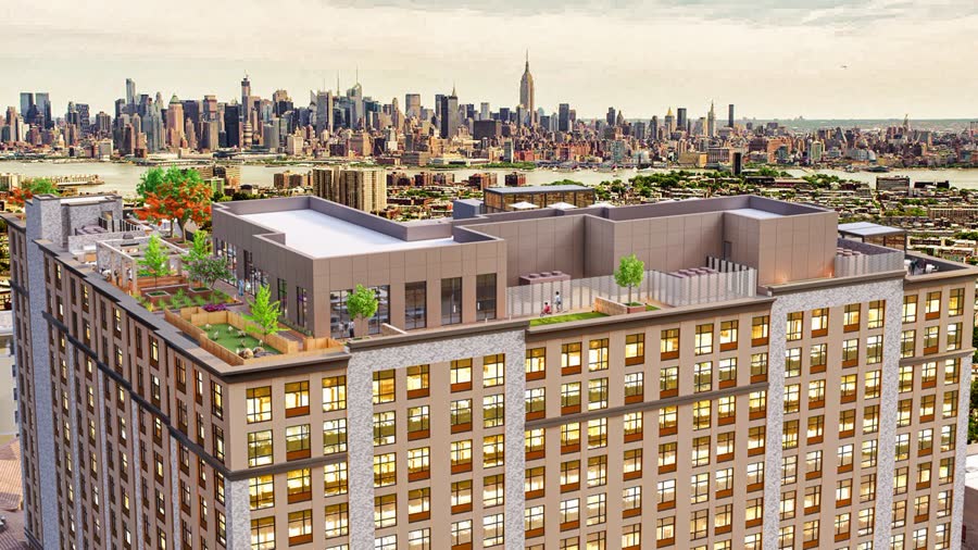 32 Oakland rooftop rendering with NYC skyline