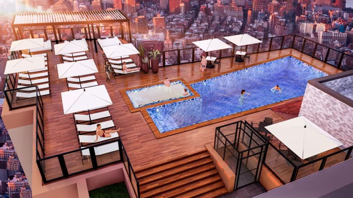 Rooftop pool deck rendering with louvered pergola and city skyline