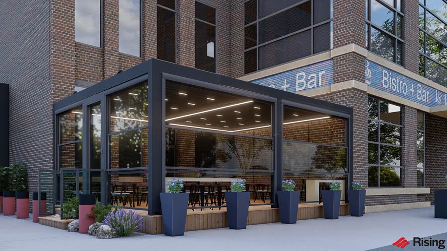 Restaurant outdoor dining with motorized louvered roof — rendering showing louvers open
